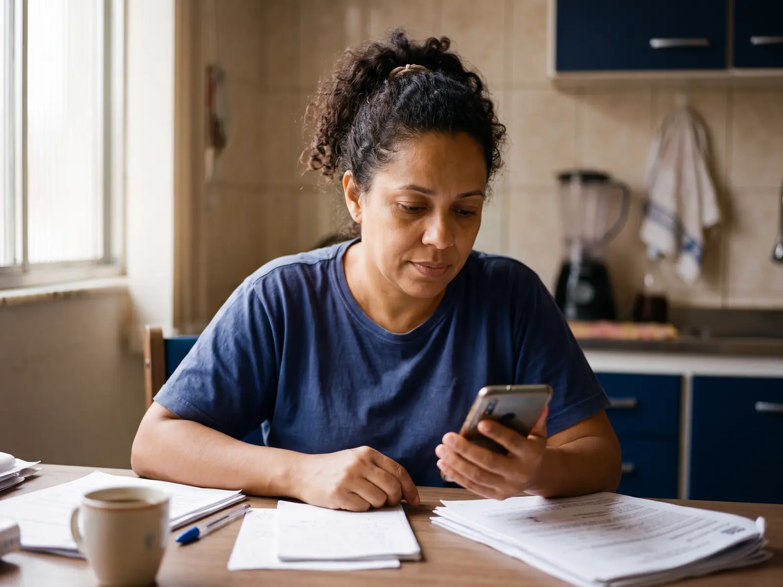 Mulher sentada à mesa da cozinha olhando o celular com expressão calma, com papéis impressos ao lado